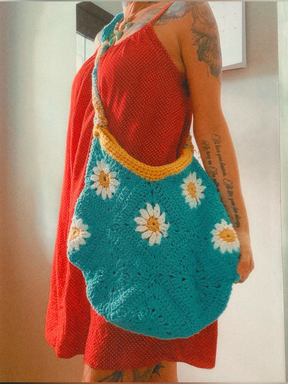 Handmade Teal Crochet Daisy Shoulder Bag with Yellow Trim
